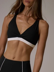 Musera Sport V Plunge Twist Back Contrast Colour Sports Bra Coord Top Fall Autumn Winter Gym Active Pilates Motion - Black - View 5