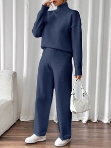 SHEIN 女款百搭高領長袖毛衣與長褲兩件套 - 寶藍色 - 查看 6
