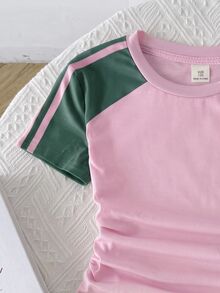 SHEIN Tween女孩2件式休閒套裝，修身圓領抓皺針織上衣，拼色拼接與織帶飾邊，搭配Y2K粉黃拼色腰頭直筒寬腿針織長褲，女孩套裝 - 綠色 - 查看 3