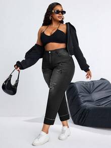 Slaydiva Plus Size Elastic Fashion Sexy Ripped Slim Fit Denim Jeans - Black - View 3