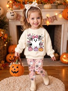 SHEIN 超可愛粉黑配色萬聖節南瓜小鬼波點圖案 Hey Bootiful Trick Or Treat 女嬰休閒柔軟圓領寬鬆衛衣＋內搭褲套裝，秋冬日常、萬聖節、甜美女孩風、南瓜季、BOO! - 彩色 - 查看 5