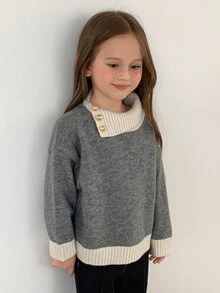 DAZY Young Girl) Colorblock Collar Long Sleeve Autumn/Winter Grey Design Sweater - Grey - View 2
