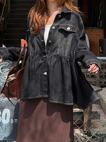 FRIFUL Women's Single-Breasted Long Sleeve Ruffle Hem Denim Jacket - Dark Grey - View 1