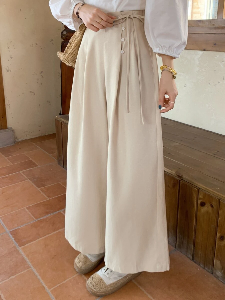 DAZY Women's Streetwear Button Pleated Loose Wide Leg Long Pants - White - View 1