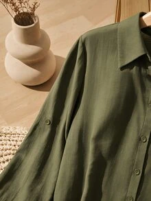 EMERY ROSE Women's Solid Color Single-Breasted Casual Commuter Short Dress - Dark Green - View 5