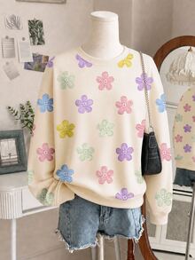 Cream White, Sweet Colorful Cream Flower Pattern, Tween Girls' Casual Minimalist Thick Soft Comfortable Crew Neck Pullover Sweatshirt Suitable For Autumn/Winter Daily Wear - Multicolor - View 3