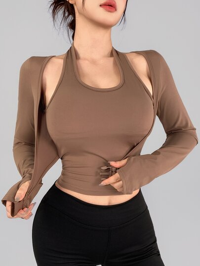 DAZY Spring Autumn Brown Korean Style Cold Shoulder Long Sleeve Halter Neck Waist Buckle Slim Fit Fitness Casual Streetwear Short T-Shirt Women Sports Tee