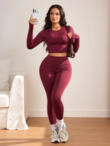 Slayform Women's Casual Long Sleeve Top And Fitted Leggings Sports Set - Burgundy - View 6