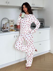 ZzzCrew Women's All-Over Heart Print Ribbed Fleece Pajama Set With Elastic Cuffs And Hem - White - View 2