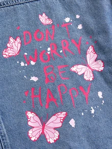 Tween Girl Letter & Butterfly Pattern Casual Daily Denim Jacket - Dark Wash - View 4
