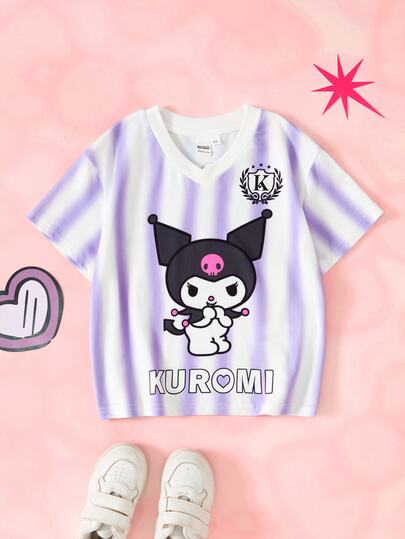 HELLO KITTY AND FRIENDS | SHEIN Young Girl Letter Print V-Neck Short Sleeve Casual T-Shirt