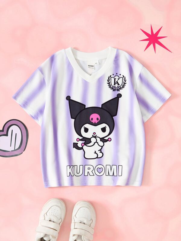 HELLO KITTY AND FRIENDS | SHEIN Young Girl Letter Print V-Neck Short Sleeve Casual T-Shirt