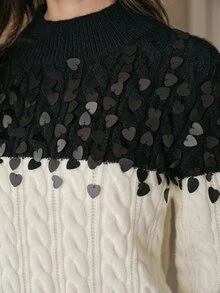 Anewsta French Autumn/Winter High-End Fashion Design Elegant Sophisticated Evening Style Heavy Beaded Sequin Wheat Pattern High Neck Knit Sweater - Black and White - View 1