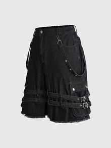 ROMWE Grunge Punk 大尺碼夏季時尚可調式肩帶裝飾牛仔短褲 - 黑色 - 查看 5