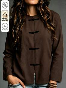 SHEIN Blus Wanita Lengan Panjang Kancing Katak Warna Polos Gaya Cina, Cocok untuk Acara Santai, Minum Teh, dan Pesta, Warna Cokelat Kopi, Musim Gugur, dan Kasual. - Coffee Brown - View 6