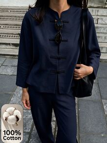SHEIN Women's Solid Color Frog Button Long Sleeve Vintage Casual Shirt - Navy Blue - View 4