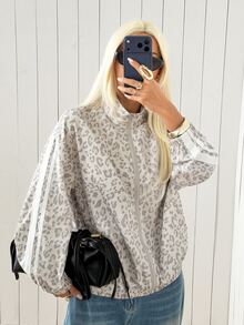 SHEIN EZwear Plus Size Women's Leopard Print Zipper Front Casual Jacket Fall - Grey - View 6