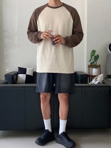 DAZY 男士棕色與深杏色拼接落肩袖圓領T恤，春/秋季 - 棕色 - 查看 7