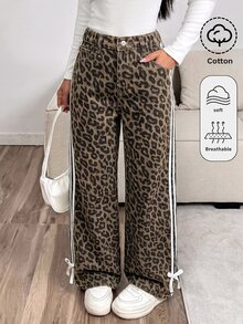 SHEIN 女童豹紋牛仔寬鬆長褲 側邊織帶綁帶設計 2026秋冬款 可愛Y2K百搭 萬聖節新年穿搭 - 棕色 - 查看 2
