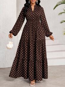 SHEIN Lady فستان عطلة بطبعة نقاط فرنسية وأكمام طويلة مقاس كبير - بني - مشاهدة 4