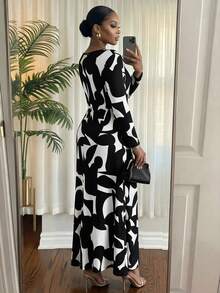 SHEIN Lady CURVE Plus Size Geometric Print Colorblock Long Sleeve Vacation Dress - Black and White - View 2