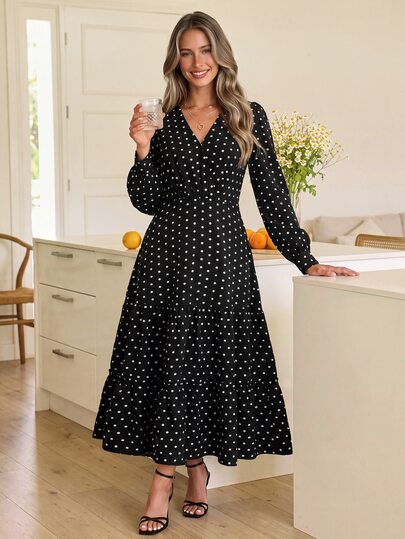 KARISMINA Vestido elegante de mujer con lunares, cuello en V, manga larga y bajo con volantes