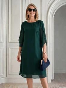 EMERY ROSE Elegant Slit Sleeve Design Dress For Middle-Aged And Elderly Women - Dark Green - View 4