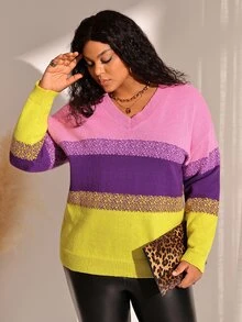 BrightlyHer Sweater Ukuran Besar Motif Polkadot Blok Warna Leher Bulat Lengan 3/4 Nyaman Kasual Musim Gugur/Musim Dingin 2026 - MultiWarna - View 2