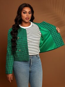 BrightlyHer Plus Size Colorblock Pocket Textured Button Front Round Neck Long Sleeve Jacket Casual Elegant Smart Outerwear Fall Winter 2026 Office Formal Green - Multicolor - View 8