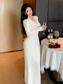 DAZY Autumn/Winter Lace V-Neck Design Fitted White Elegant Date Wedding Women Sweater Dress - Beige - View 8