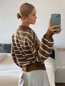 DAZY Women's Vintage Fashion Striped Colorblock Long Sleeve Sweater - Brown - View 2