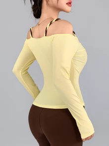 DAZY Camisole Bahu Terbuka Motif Patchwork Warna Kontras 2 In 1 Olahraga Sporty Athleisure T-Shirt Musim Gugur Pilates Gym Kuning Pucat Cokelat Tua - Kuning - View 3