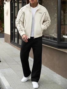 Manfinity Homme 時尚休閒夾克，側邊條紋設計，舒適柔軟，立領設計 - 米色 - 查看 4