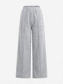 SHEIN Girlism 2件組青少年女孩純灰色冬季休閒度假返校復古寬鬆圖案連帽衛衣與運動長褲保暖運動套裝 - 灰色 - 查看 11