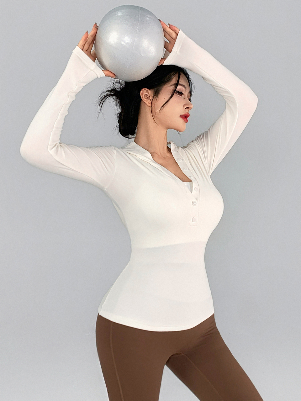 Women's Solid Color Long Sleeve Button Design Hooded Sports T-Shirt