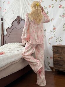 CottageSlumber Set Pakaian Santai Wanita Premium Gaya Korea Minimalis Bergaris dan Bermotif Bunga Lengan Panjang Longgar - Berwarna merah muda - View 2
