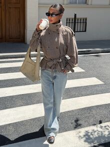 Muchica 女款街頭風法式鈕扣口袋大衣 秋季米色格紋保暖立領外套 優雅上班通勤女裝外套 - 駝色 - 查看 3
