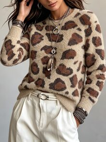 SHEIN Women's Fashion Street Leopard Print Long Sleeve Sweater - Multicolor - View 5