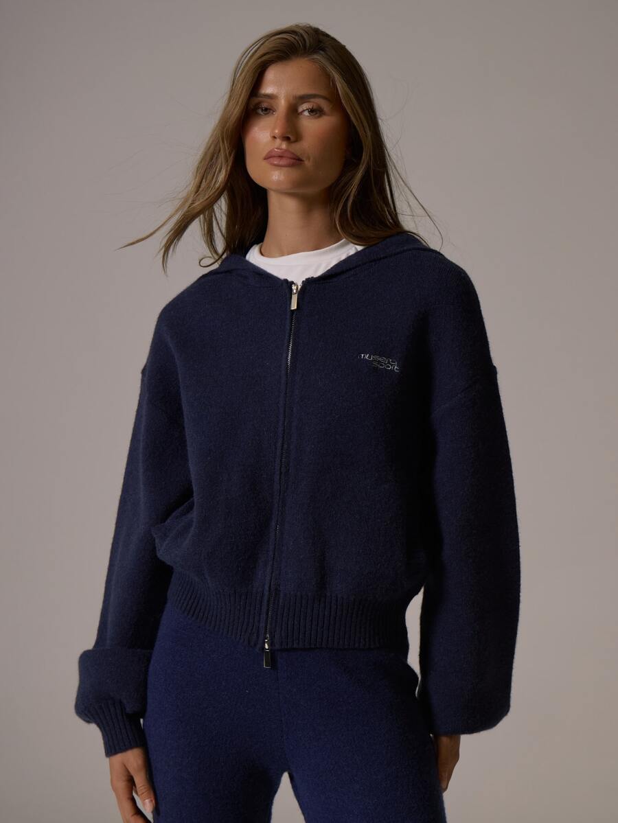 Musera Sport Logo Embroidered Zip Through Knitted Hooded Cropped Oversized Coord Sweatshirt Winter Fall Autumn Active Pilates Motion - Navy Blue - View 1