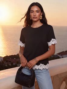 CAJUNI Women's Lace Patchwork Casual Versatile Daily Wear T-Shirt - Black and White - View 7