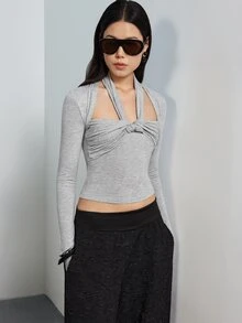 MERLEAU Women's Slim Fit Heather Grey Ruched Twist Halter Cutout Long Sleeve Top, Solid Sexy Style For Autumn Night Out Date Night Blouses, Fall Tops - Grey - View 8