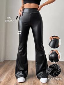 SHEIN EZwear 女款性感街頭風純色PU皮革喇叭褲 - 黑色 - 查看 8