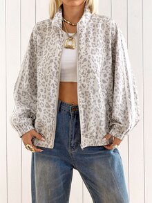 SHEIN EZwear Plus Size Women's Leopard Print Zipper Front Casual Jacket Fall - Grey - View 5
