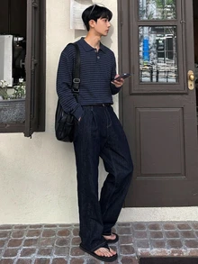 DAZY 春秋款海軍藍條紋提花長袖韓版男士針織上衣 - 藏蓝色 - 查看 7