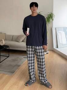 DAZY Spring/Summer Red Plaid Pants & T-Shirt Men's Loungewear Set - Navy Blue - View 5