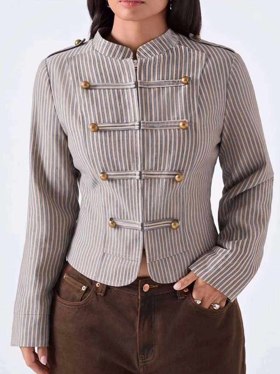 LYSMO Plus Size Women's Autumn/Winter Napoleon Military Style Striped Long Sleeve Zipper Jacket Fall - Multicolor - View 1