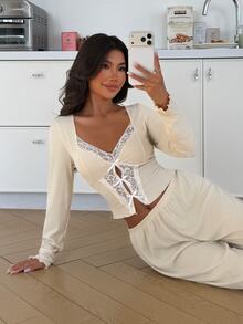 ZzzCrew Women's Sexy Contrast Color Ruffle Bow Decor Slim Fit Long Sleeve Pants Loungewear Set - Apricot - View 1