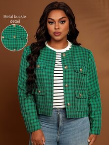 BrightlyHer Plus Size Colorblock Pocket Textured Button Front Round Neck Long Sleeve Jacket Casual Elegant Smart Outerwear Fall Winter 2026 Office Formal Green - Multicolor - View 5