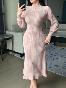 DAZY Autumn/Winter Round Neck Fitted Long Sleeve Elegant Elegant Commute Date Pink Women Sweater Dress - Pink - View 5