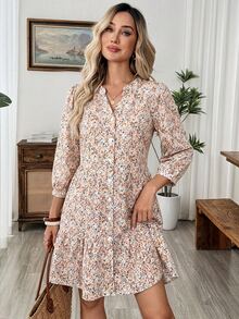 EMERY ROSE Gaun Wanita Kasual Motif Cetak Seluruh Permukaan Gaya Cottage Core untuk Liburan Sehari-hari Musim Gugur, Warna Putih Gading - Hijau - View 4
